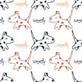 Doodle cute running spotted puppies with text woof seamless pattern. Animal cartoon vector character print. Perfect for tee, paper Royalty Free Stock Photo