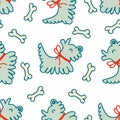 Doodle cute shaggy puppies with bow ribbons and bones seamless pattern. Animal cartoon vector character print. Perfect for tee, Royalty Free Stock Photo