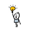 Doodle cute stickman holding a lighting lamp. Royalty Free Stock Photo