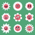 Doodle daisy flowers with retro comic faces. Cartoon funny chamomile emojis, cute caricature mascots flat vector illustration on
