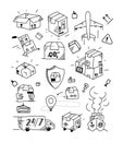 Doodle Delivery set. Outline logistics collection. Hand drawn transportation elements. Doodle box and package. Vector