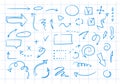 Doodle design elements and arrows on the background of a checkered notebook sheet. Elements for infographics. Hand-drawn vector Royalty Free Stock Photo