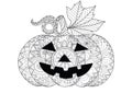 Doodle design of Halloween pumpkin for Halloween card invitations and adult coloring book pages for anti stress