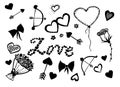 Doodle of different love symbols. Black on a white background. Royalty Free Stock Photo