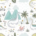 Doodle dinosaur pattern. Seamless textile dragon print, trendy childish fabric background, cartoon dinosaurs. Vector