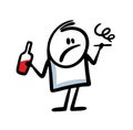 Doodle disgruntled alcoholic man with a bottle of wine and a cigarette in his hands.