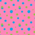 Doodle dots seamless pattern. Hand drawn decor textile, cute ornament blue and green circles on pink background. Abstact simple Royalty Free Stock Photo