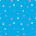 Doodle dots seamless pattern. Hand drawn decor textile, cute ornament white and pink circles on blue background. Abstact simple Royalty Free Stock Photo