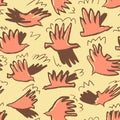 Doodle dove birds seamless pattern. Background with funny flyi