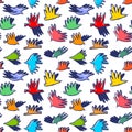 Doodle dove birds seamless pattern. Background with funny flyi