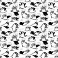 Doodle dove birds seamless pattern. Background with funny flyi