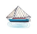 Doodle drawing of elegant ship, sailing boat or yacht with sail in ocean. Beautiful sailboat in sea journey or trip