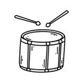 Doodle drum with drumsticks. Vector sketch illustration of musical instrument, black outline art for web design, icon