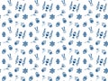 Doodle Easter seamless pattern. Isolated eggs, rabbits and abstract flowers in classic blue on a white background. Hand-drawn text