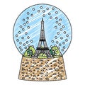 Doodle eiffel tower inside snow ball glass