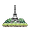 Doodle eiffel tower with mountainsand trees landscape