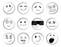 Doodle Emoji Face Icons Set. Round faces. Emoji with different emotional moods