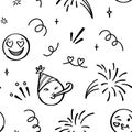 Doodle emoji seamless pattern. Hand drawn sketch birthday celebration background. Freehand emotion expression design
