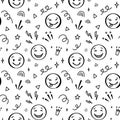 Doodle emoji seamless pattern. Hand drawn sketch positive emoticons background. Freehand emotion expression design