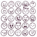 Doodle emoticons. Emoji with different expression of angry, happy and sad. Funny sketch faces for messages with smiling