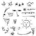 Doodle emphasis elements, black on white background. Vector symbols and logo. Arrow, heart, love, hand made, homemade, star, leaf