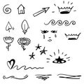 Doodle emphasis elements, black on white background. Vector symbols and logo. Arrow, heart, love, hand made, homemade, star, leaf Royalty Free Stock Photo