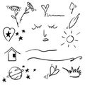 Doodle emphasis elements, black on white background. Vector symbols and logo. Arrow, heart, love, hand made, homemade, star, leaf Royalty Free Stock Photo