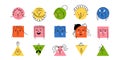 Doodle faces. Bright geometric cute funny people, social media user avatars, hipster man and woman portrait different emotions,