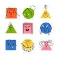 Doodle faces. Bright geometric cute funny people, social media user avatars, hipster man and woman portrait different emotions,