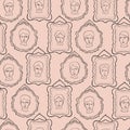 Doodle Faces Portrait Frames Sketchy Seamless Pattern, Line Art Vector