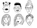 Doodle faces set. Vector illustration of simple cartoon characters of men and women. Human comic faces hand drawn Royalty Free Stock Photo