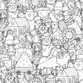 Doodle farm characters seamless pattern. Cute coloring page with animals and farmers Royalty Free Stock Photo