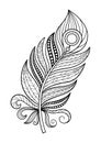 Doodle Feather coloring book page. Antistress for adults and children. Zentangle black and white illustration