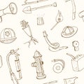 Doodle fire fighting tools seamless pattern Vintage illustration