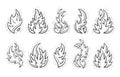 Doodle fire flame. Outline grill symbol, blaze sparks, smoke or chili contour, retro nature energy light. Wildfire