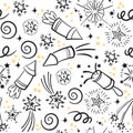 Doodle firework wrapping. Drawing fireworks seamless pattern, festival sparkler confetti explosion spark firecracker