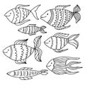 Doodle fishes collection. Coloring book page