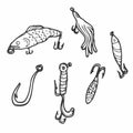 Doodle fishing lure. Abstract contemporary fishery baits of different sizes and shapes for angler. Colored hand drawn fisher