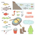 Doodle fishing objects collection