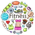 Doodle fitness and sport round banner