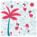 Doodle flamingo with palm tree and fillers