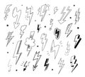 Doodle flash set, cartoon scrawl thunders. Hand drawn lightning, power or energy symbols. Electric thunderbolt, classy