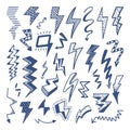 Doodle flash set. Thunder lighting drawing, power or electricity doodles sketch. Light bolt emblem, neoteric flashes