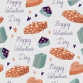 Doodle flat blue and bronze elements on grey. Happy valentine\'s day calligraphic hand lettering