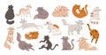 Doodle flat cats, funny fur cat and kittens. Cute pets isolated characters. Cartoon animals sleep, play, sitting. Racy