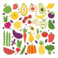 Doodle flat fruits and vegetables. Hand drawn berries potato onion tomato apples, vegetarian set. Vector fruits doodle Royalty Free Stock Photo