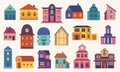 Doodle flat home. Different houses, front exterior little house. Hygge colorful tiny village buildings. Scandinavian