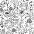 Doodle floral background in vector with doodles black and white coloring page Royalty Free Stock Photo