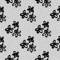 Doodle floral grunge daisy seamless pattern. Black contoured botanic elements on pale blue background with dots