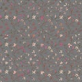 Doodle floral vector seamless pattern. Hand drawn contours of twigs with small softness pink flowers on gray background.